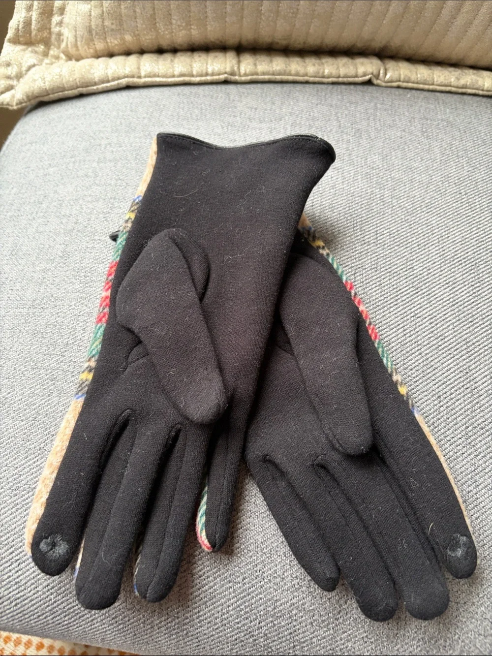 Plaid Wool-Blend Fingerless-Style Gloves in Beige, Green & Red - Unbranded